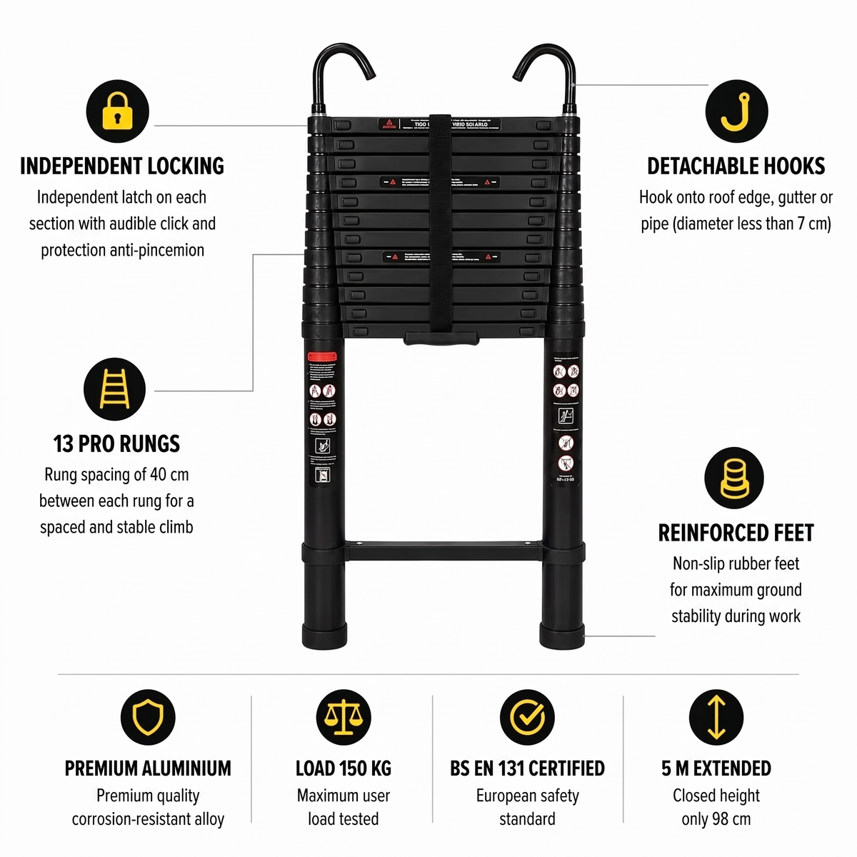 5m Pro Telescopic Ladder, Black | Expert Ladders