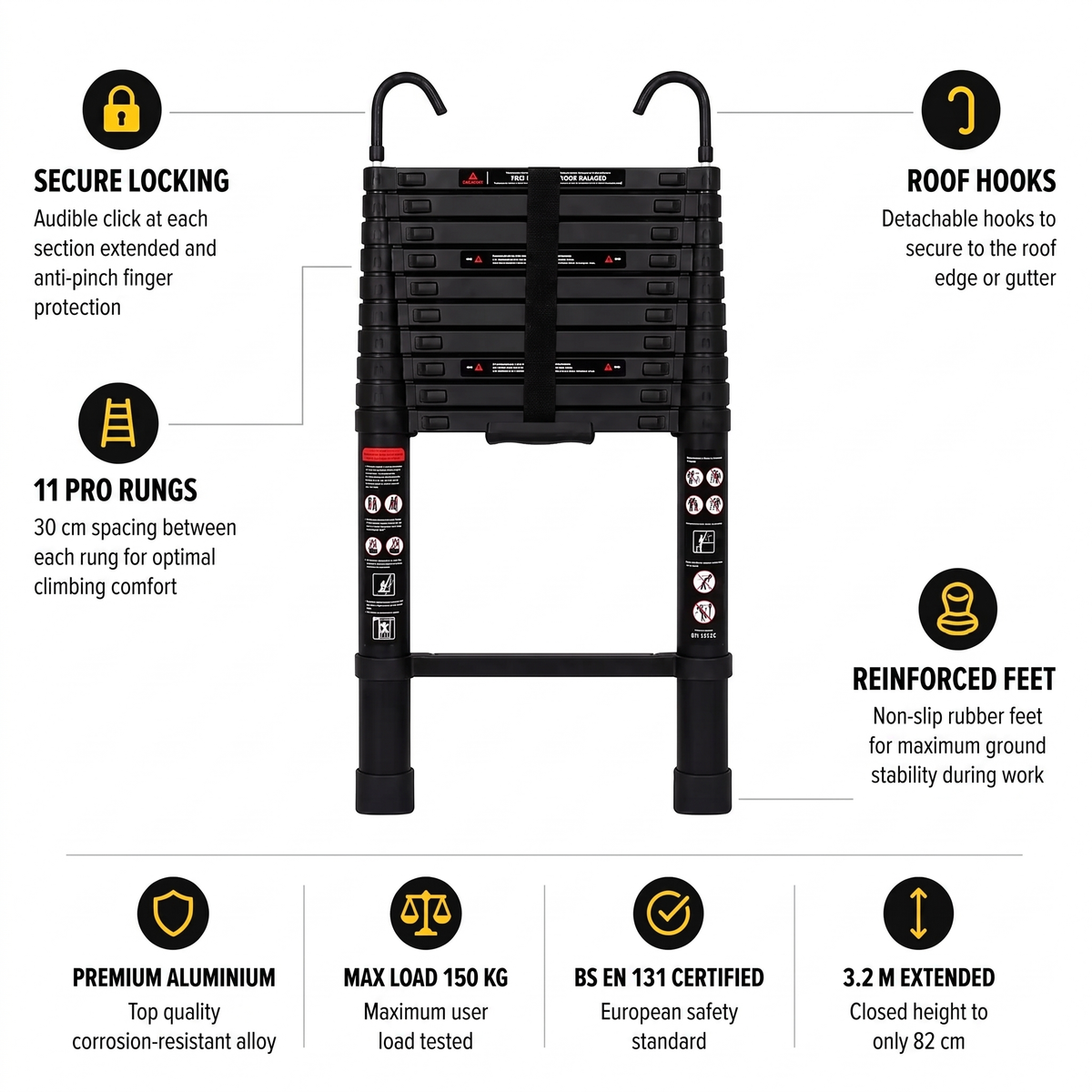 3.2m Pro Telescopic Ladder, Black | Expert Ladders