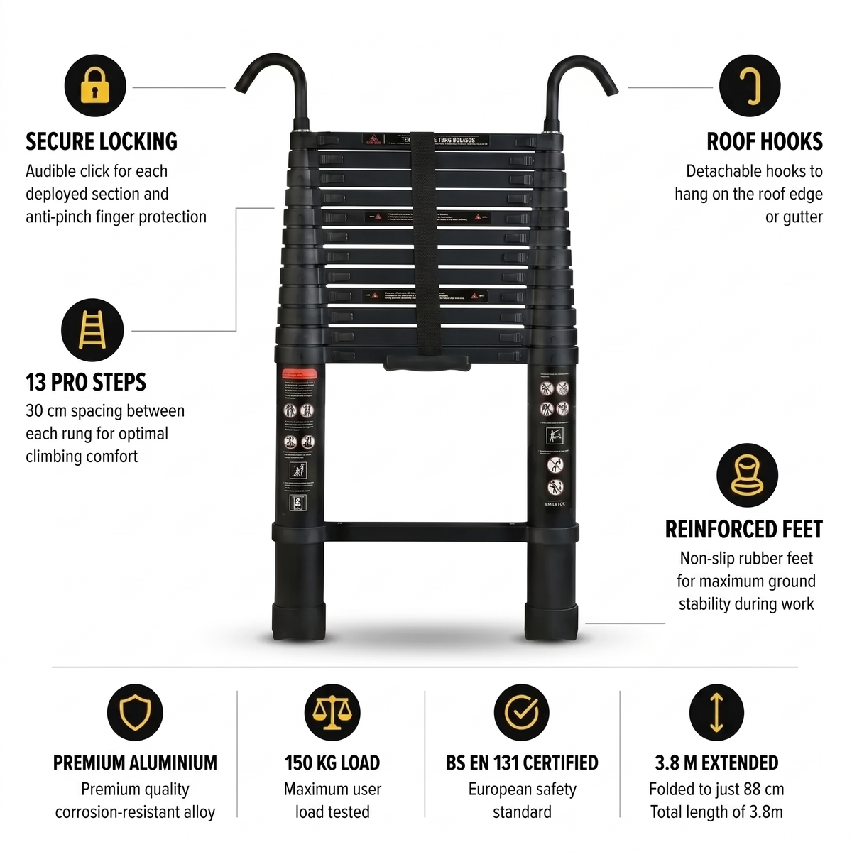 3.8m Pro Telescopic Ladder, Black | Expert Ladders