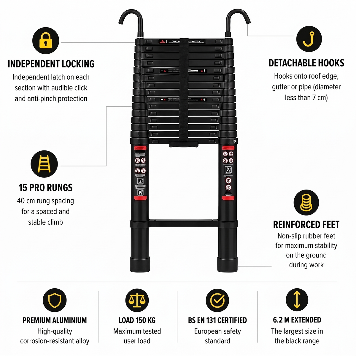 6.2m Pro Telescopic Ladder with Roof Hooks, Black | Expert Ladders