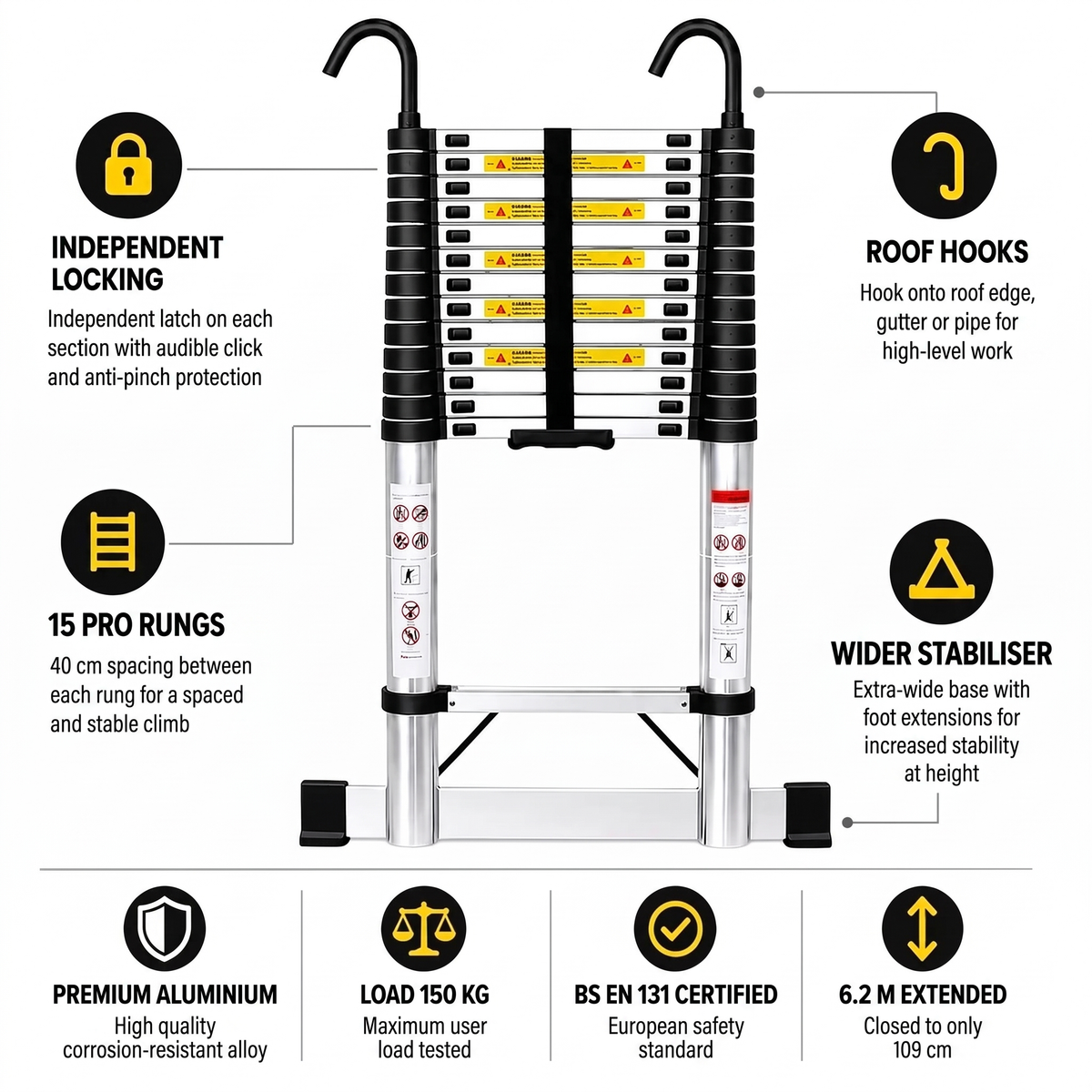 6.2m Pro Telescopic Ladder with Roof Hooks | Expert Ladders